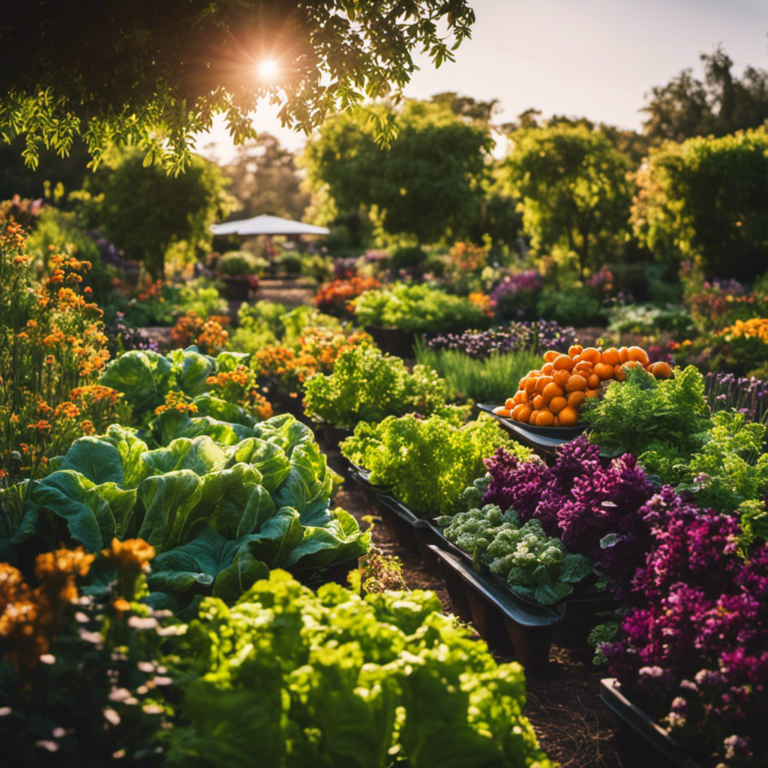 An image showcasing a lush and bountiful garden filled with vibrant vegetables, flourishing under the warm glow of the sun