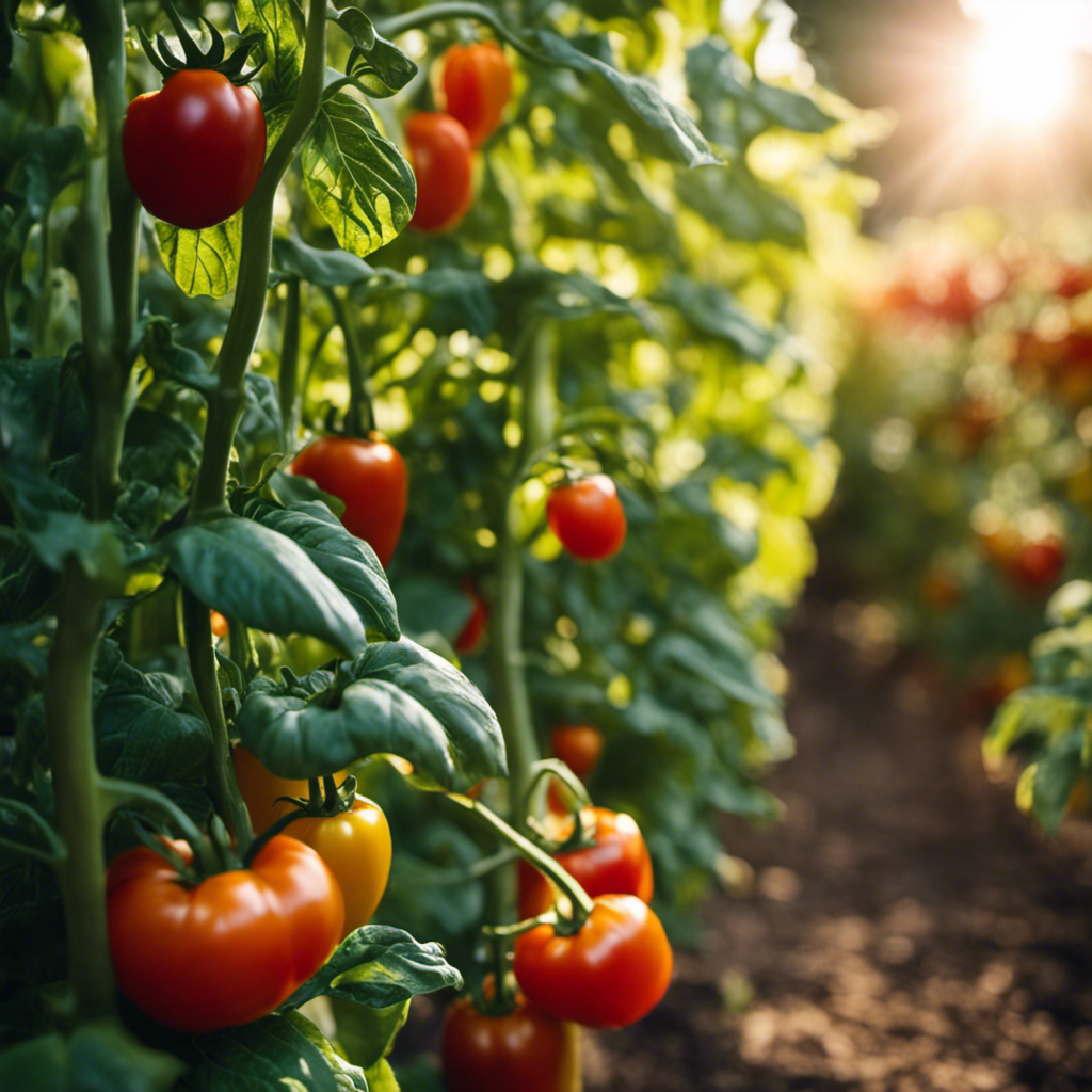 An image showcasing a lush and bountiful garden filled with vibrant vegetables, flourishing under the warm glow of the sun