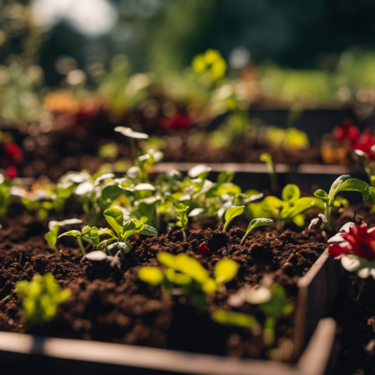 An image showcasing a vibrant garden bed brimming with nutrient-rich soil teeming with earthworms and beneficial microorganisms, while compost piles nearby decompose organic matter, emitting steam and releasing a rich, earthy aroma