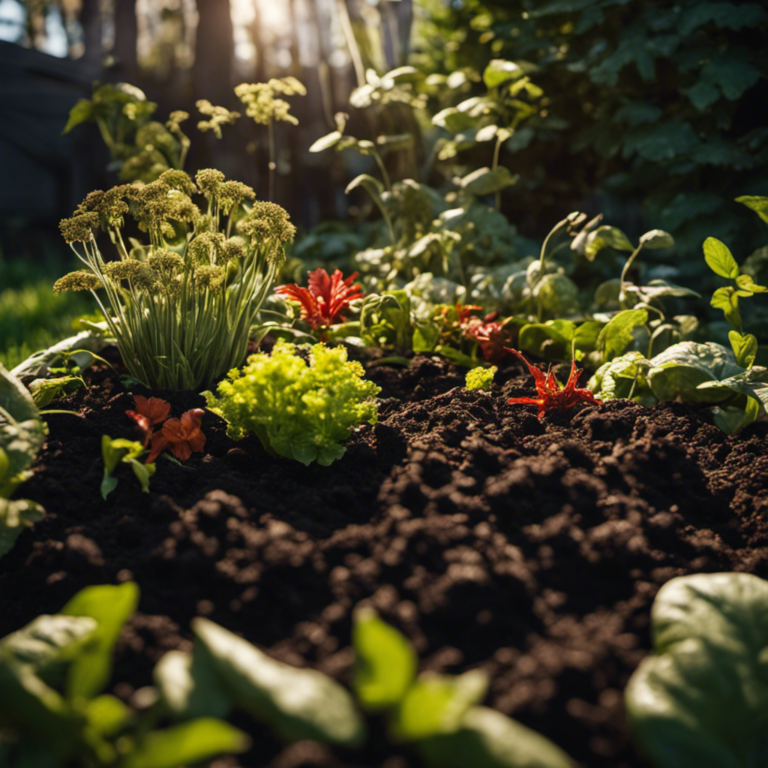 An image of a lush, thriving garden bed surrounded by organic matter, with a compost bin at its center