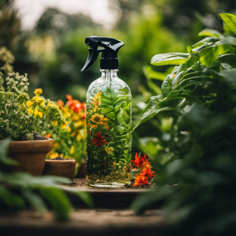 An image showcasing a lush garden scene with vibrant, thriving plants surrounded by a clear spray bottle filled with a homemade pest spray, highlighting the harmony between nature and pest control