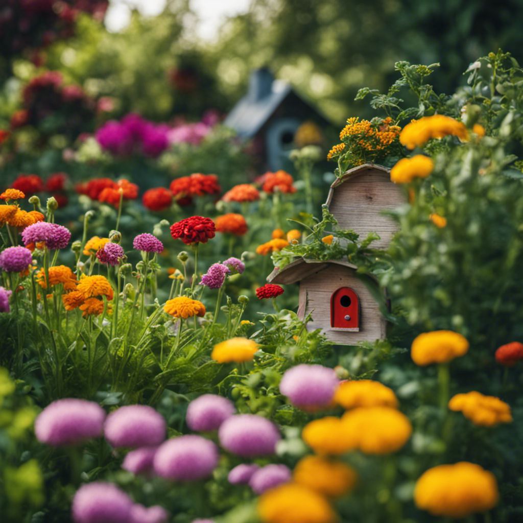 An image showcasing a lush, thriving garden filled with vibrant flowers and healthy vegetables, as a gardener gently releases ladybugs, plants marigolds, and strategically places birdhouses to deter pests naturally