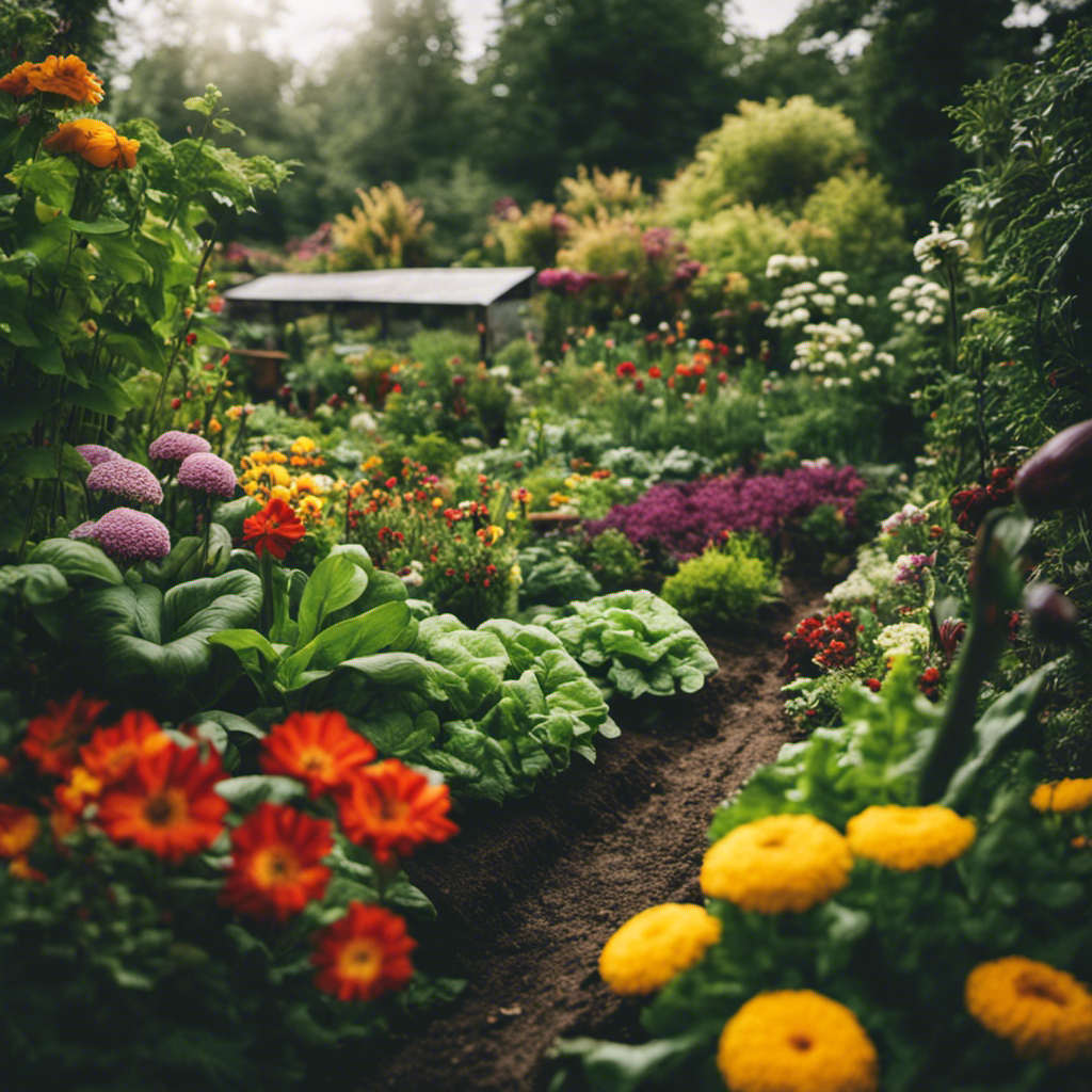 An image showcasing a lush, thriving garden filled with vibrant flowers and vegetables, surrounded by unique composting methods like vermiculture, bokashi, and trench composting