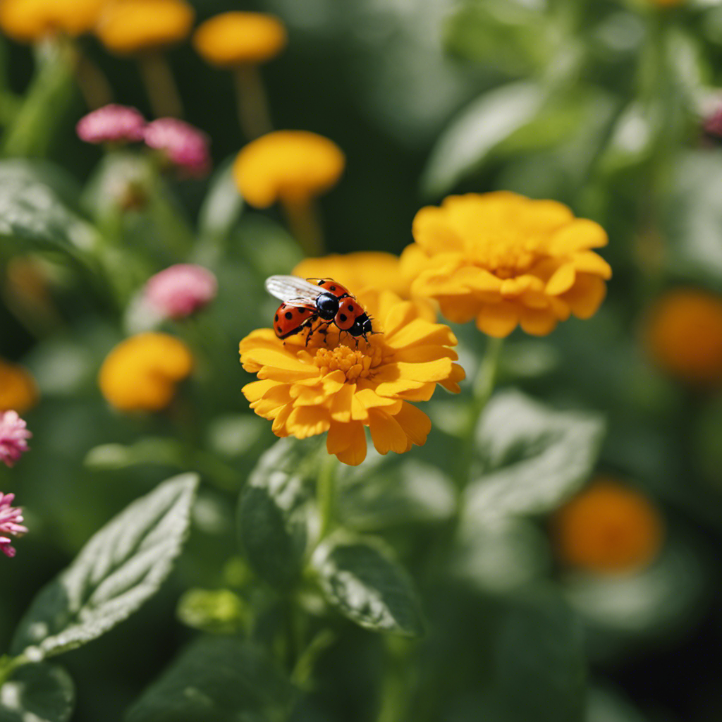 An image showcasing a thriving herb garden, with ladybugs and lacewings delicately perched on fragrant basil leaves, while marigolds in full bloom guard against unwanted pests