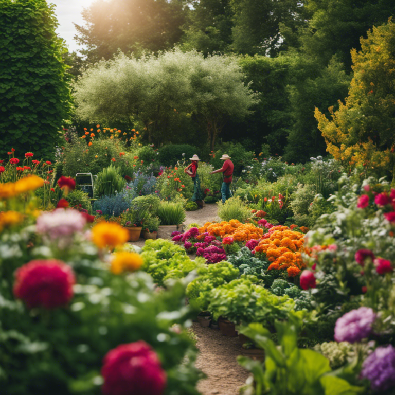 An image showcasing a lush, vibrant garden teeming with colorful flowers and thriving vegetables