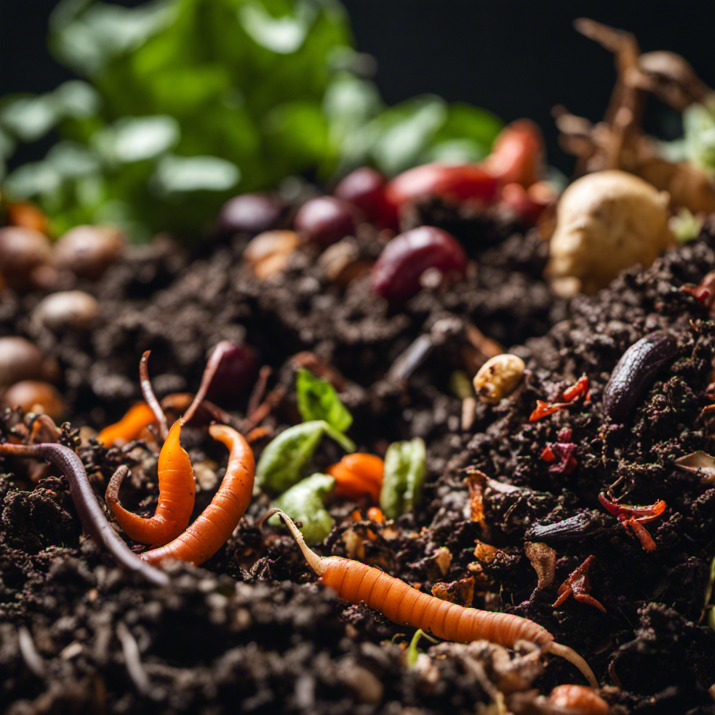 An image showcasing the transformation of kitchen scraps, leaves, and garden waste into rich, nutrient-filled compost