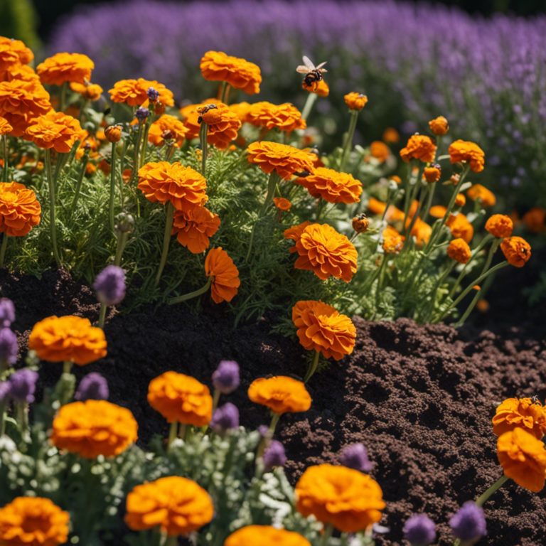 An image of a lush vegetable bed surrounded by marigolds and lavender plants, with ladybugs and bees buzzing around