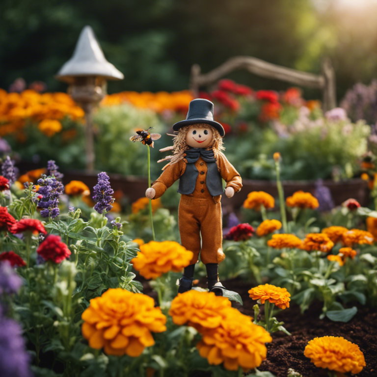 An image depicting a flourishing edible garden surrounded by vibrant marigolds, basil, and lavender plants