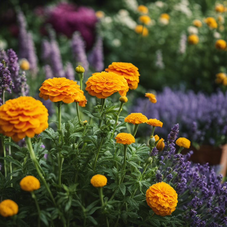 An image showcasing a lush, thriving edible garden surrounded by a diverse array of natural pest repellents