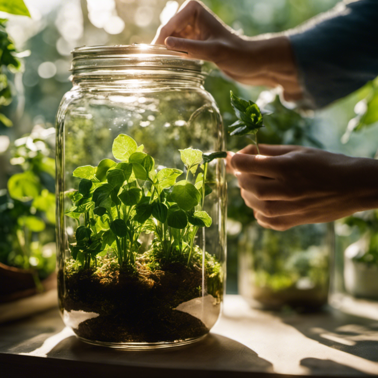 E the essence of a flourishing garden: a pair of hands carefully blending organic ingredients in a mason jar, sunlight streaming through a nearby window, vibrant green leaves of plants thriving in the background