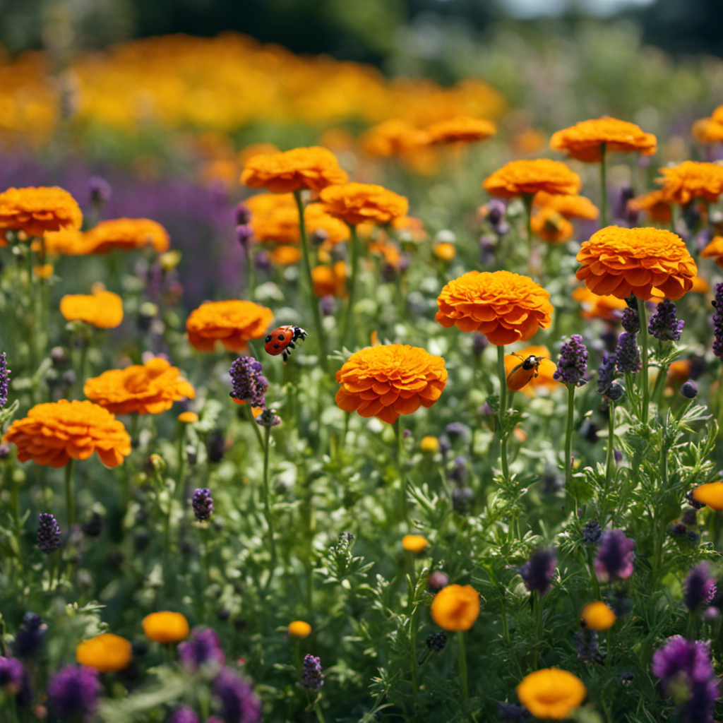 An image of a lush, thriving vegetable garden surrounded by a natural barrier of marigold and lavender plants