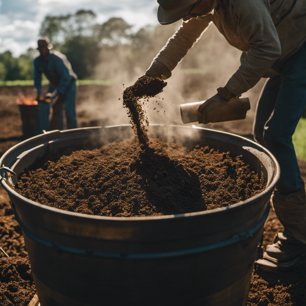 An image showcasing the intricate process of compost tea brewing on an organic farm: a farmer stirring a large vat of nutrient-rich compost tea, with steam rising from the brew and beneficial microorganisms thriving in the mixture