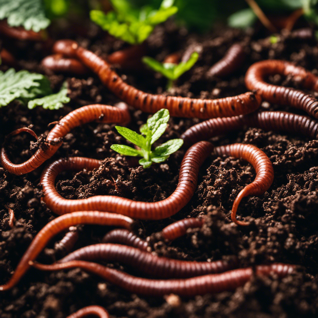 An image showcasing an organic farm, with a close-up of earthworms diligently working through a rich compost pile