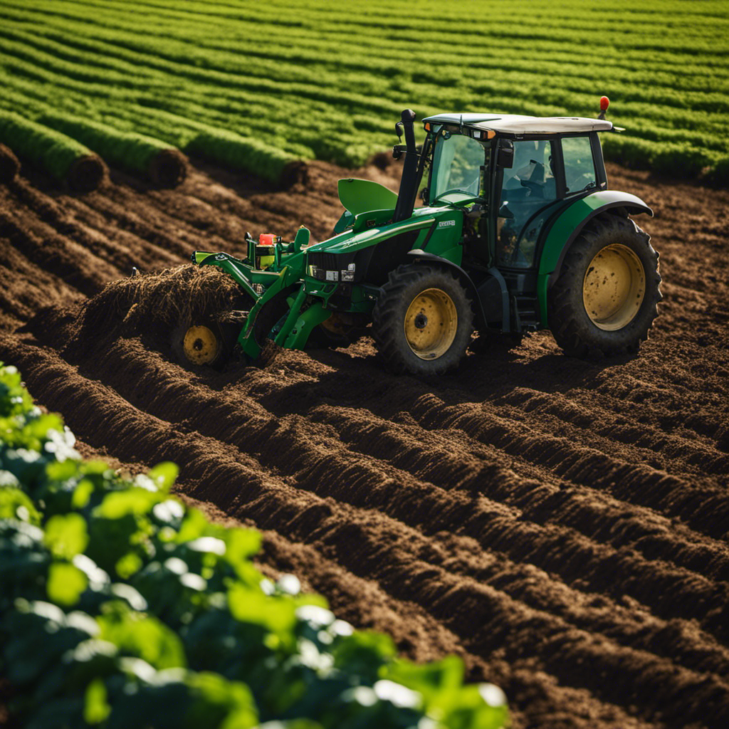 An image capturing the essence of windrow composting on organic farms: vibrant rows of decomposing organic matter lined with aerating pipes, carefully turned by tractors, surrounded by fertile fields and a gentle breeze