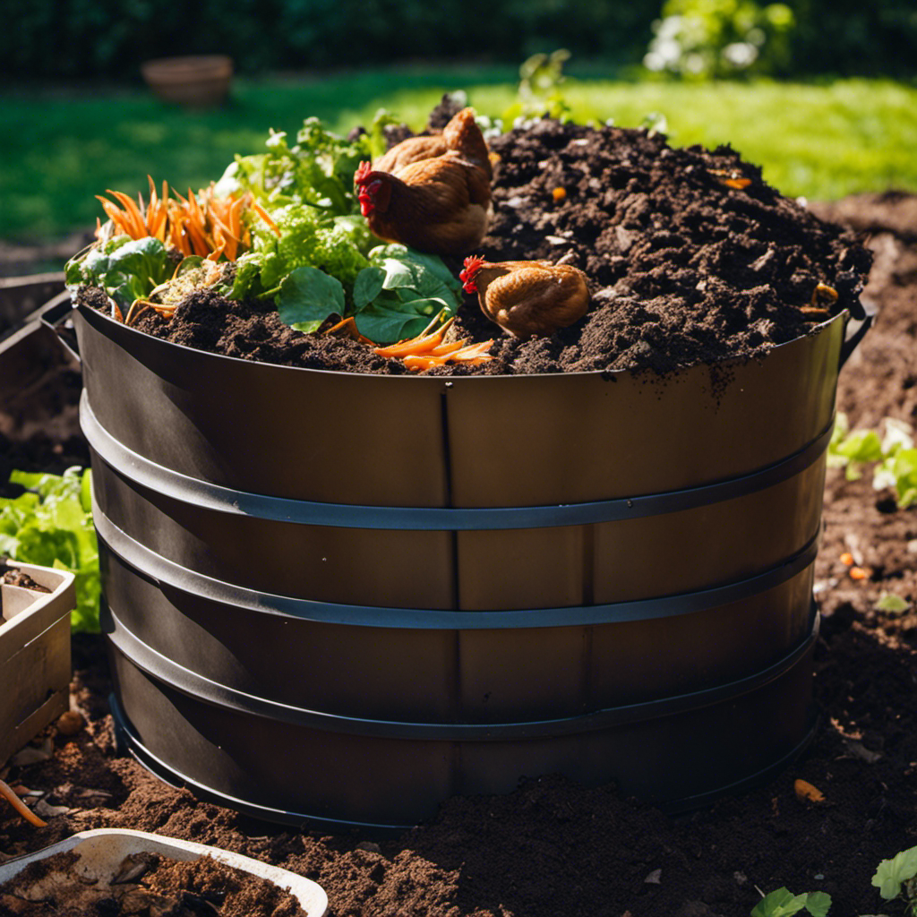 An image showcasing a backyard compost bin filled with layers of kitchen scraps, garden waste, and chicken manure