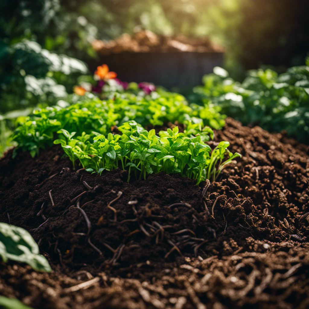 An image showcasing a lush garden bed layered with freshly cut green grass clippings, rich in nitrogen, forming the base of a compost pile