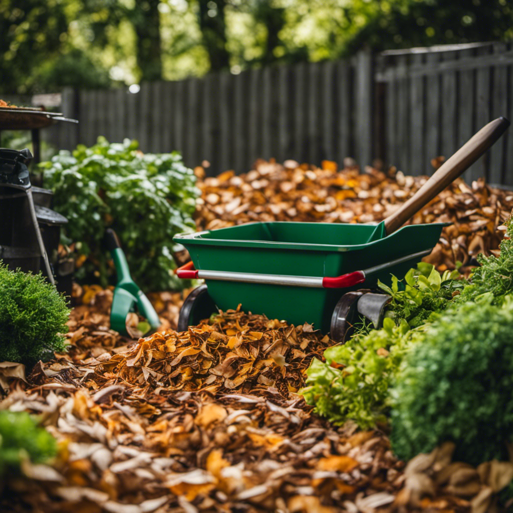 An image that showcases a lush green backyard with a neatly arranged pile of fallen leaves, surrounded by gardening tools and a compost bin