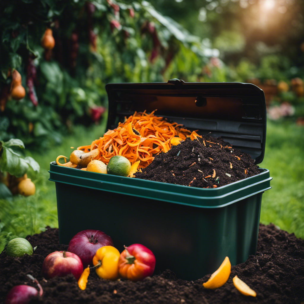 An image showing a vibrant garden scene, with a compost bin in the corner