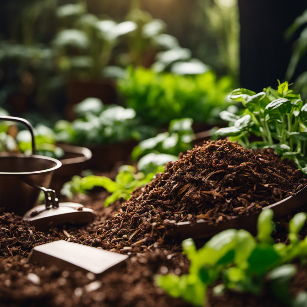 An image of a beginner-friendly composting setup with a pile of shredded newspaper as the main ingredient, surrounded by vibrant green plants and earthy brown soil, showcasing the simplicity of organic composting