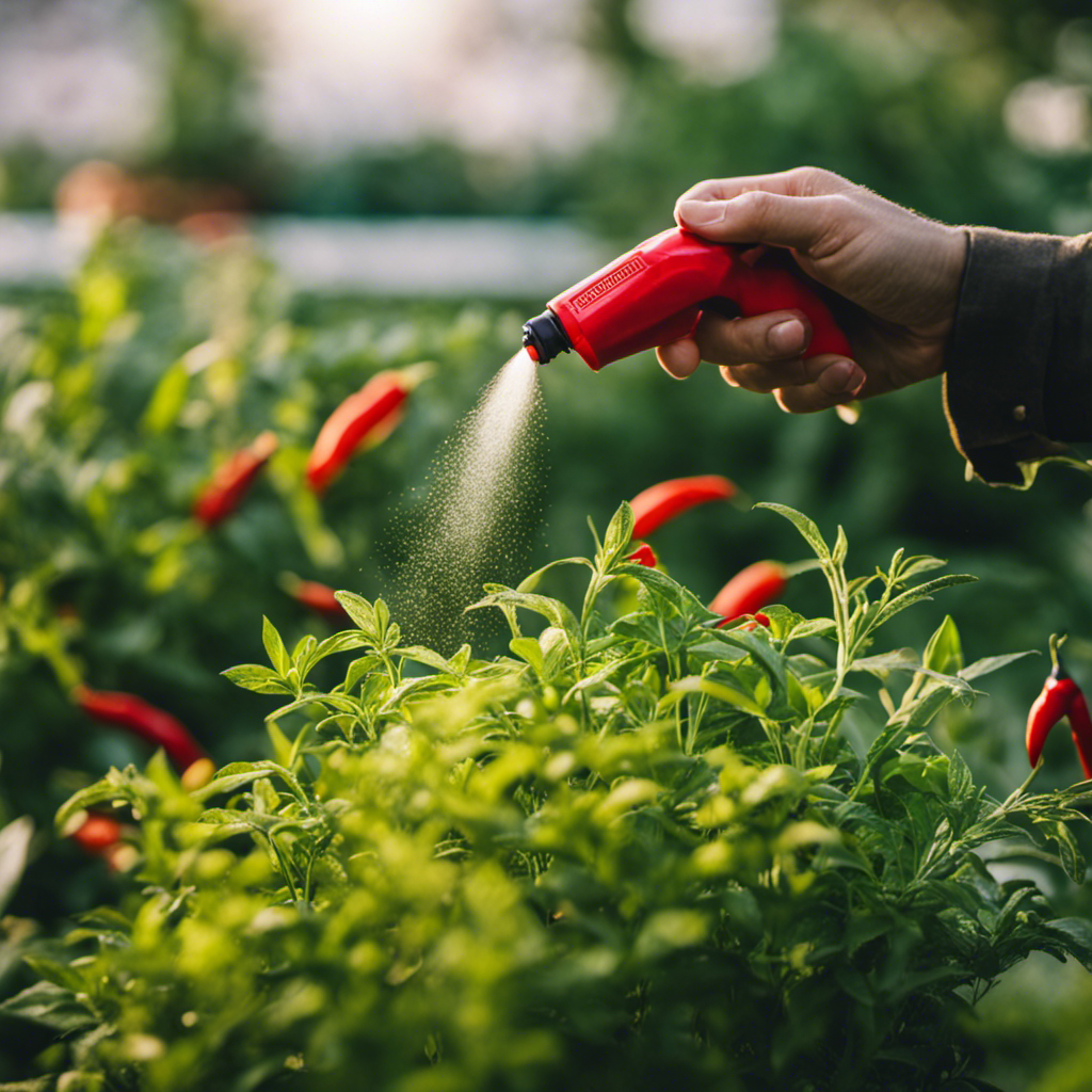 An image that showcases a lush garden with healthy herbs, surrounded by vibrant hot pepper plants