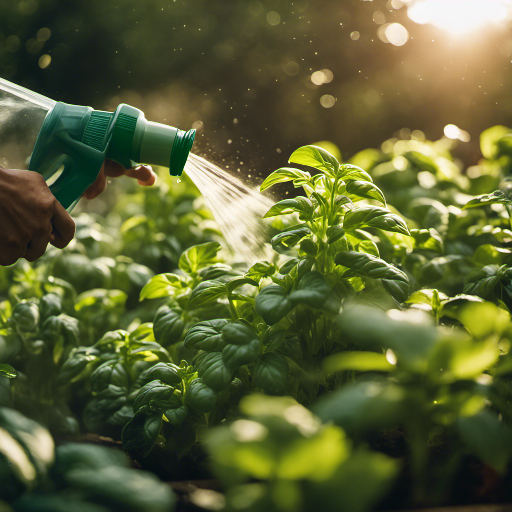 An image showcasing a gardener gently spraying a homemade soap and water solution onto vibrant basil plants, with droplets glistening in the sunlight, effectively combating herb pests