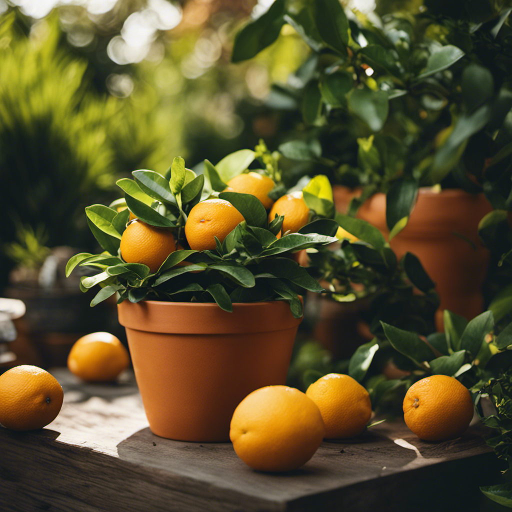 An image showcasing a vibrant garden scene with potted citrus plants surrounded by a natural border of freshly scattered citrus peels