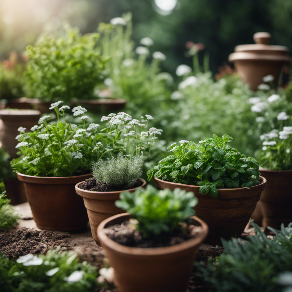 An image showcasing a lush herb garden enveloped in a delicate mist of diatomaceous earth