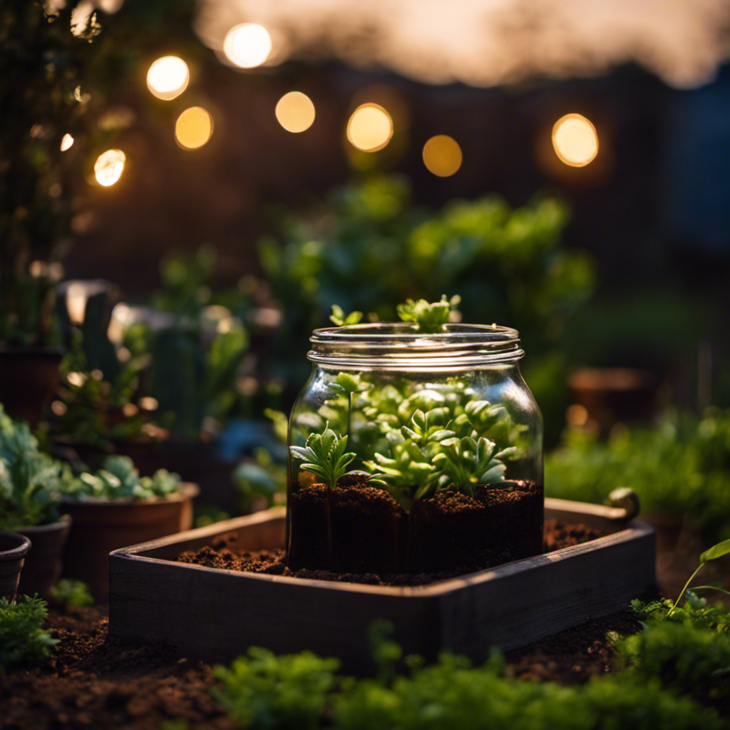 An image showcasing a lush garden bed at dusk, with a rustic beer slug trap made from a recycled glass jar buried in the soil