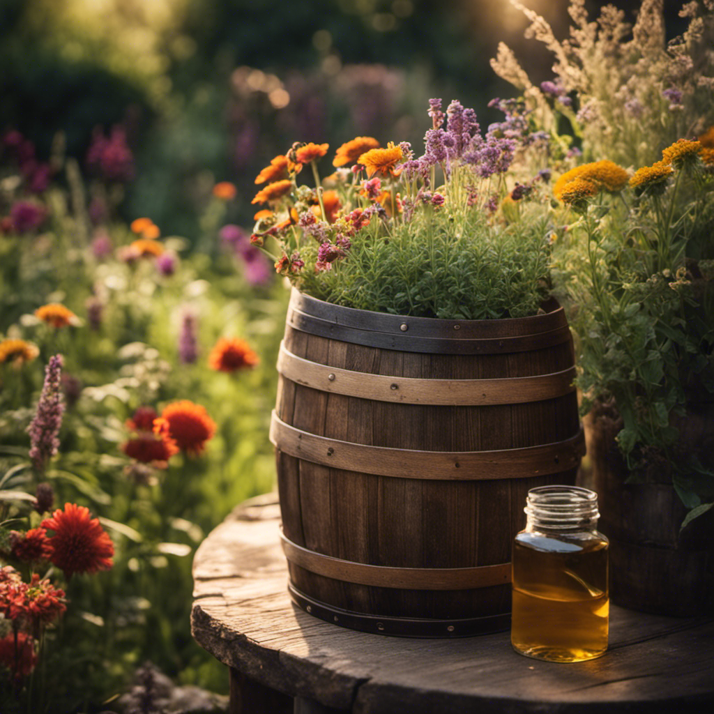 An image showcasing a rustic garden, bathed in the soft glow of the setting sun