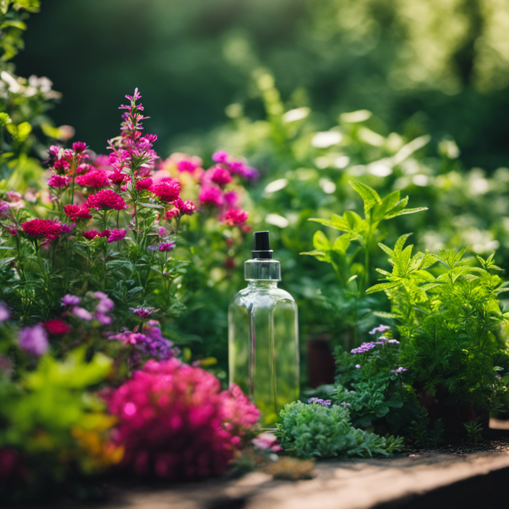 An image showcasing a lush herb garden, with vibrant leaves and colorful blooms, surrounded by a spray bottle filled with homemade vinegar herb spray