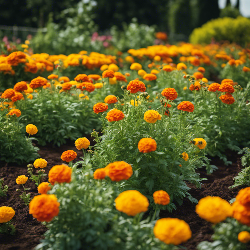 An image showcasing a lush, thriving vegetable garden with vibrant marigolds surrounding tomato plants, repelling pests with their bright yellow and orange petals