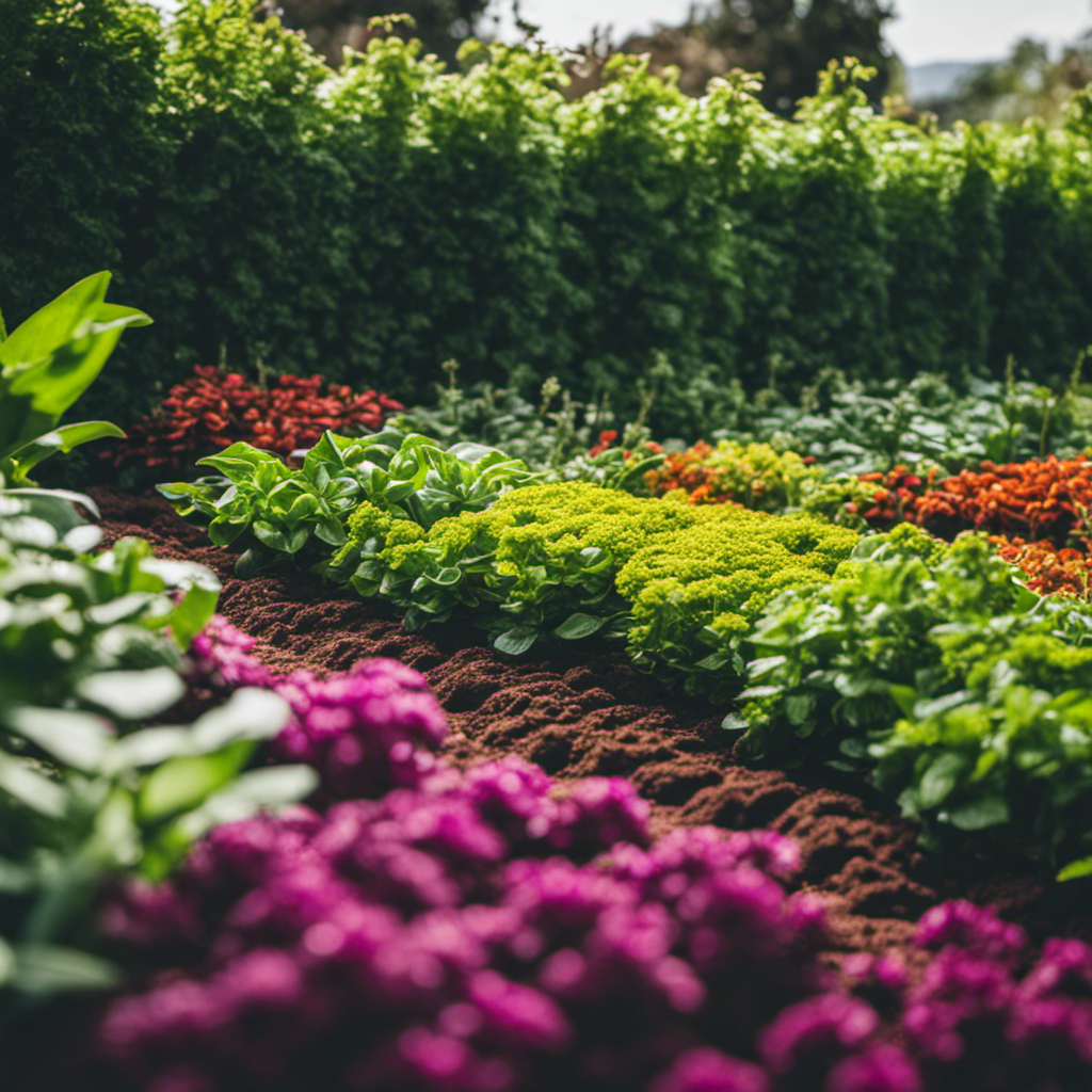 An image showcasing a lush garden bed with rows of vibrant herbs, surrounded by a meticulously crafted barrier of coffee grounds