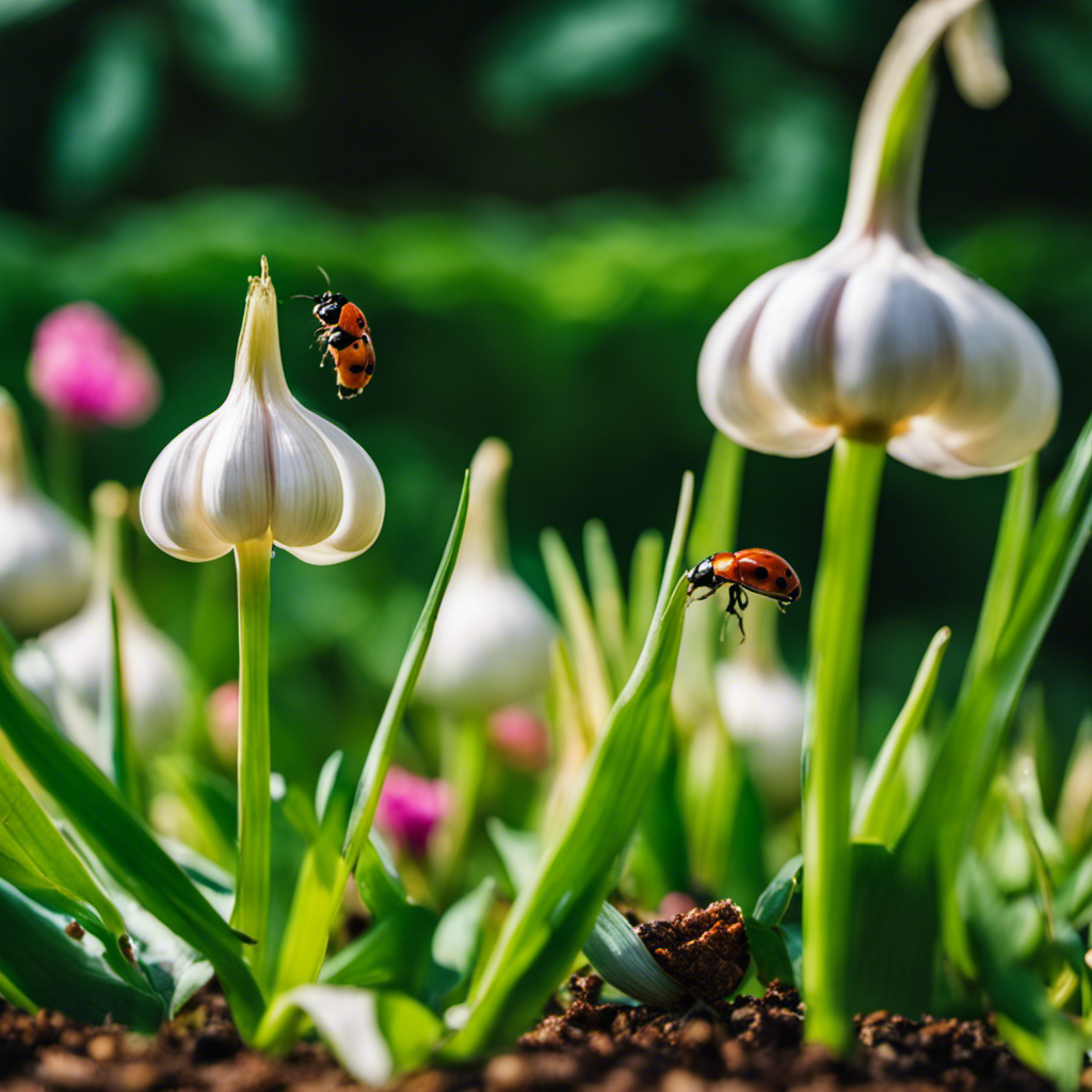 An image depicting a lush, vibrant garden scene with thriving garlic plants acting as natural pest repellents