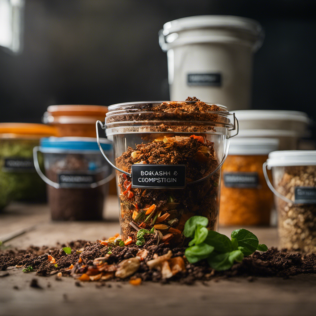 An image showcasing the Bokashi composting process: airtight buckets filled with kitchen scraps, inoculated with beneficial microbes, fermented to create nutrient-rich soil, and closed-up to preserve the precious organic matter