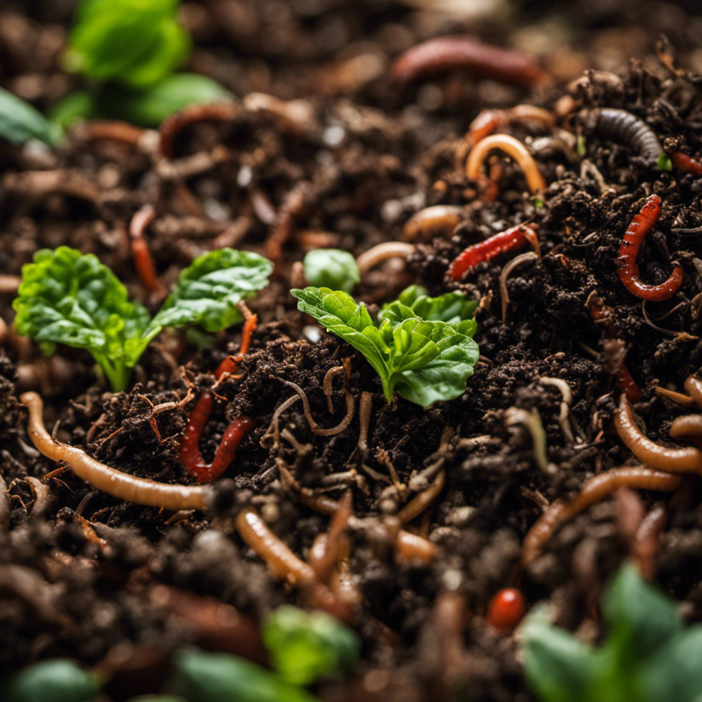 An image showcasing a lush green compost pile teeming with earthworms, beetles, and microorganisms, surrounded by a diverse array of organic matter, as a visual representation of the effective and sustainable technique of aerobic composting in advanced organic farming