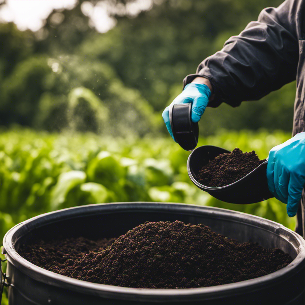 An image capturing the process of Compost Tea Production: Show a farmer carefully brewing a nutrient-rich blend of compost, water, and beneficial microorganisms in a large barrel, with air bubbles and a vibrant mixture visible