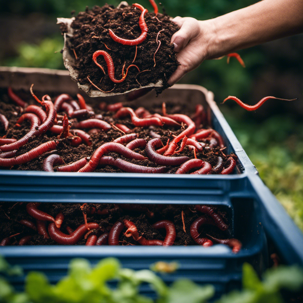 An image showcasing a thriving vermiculture system with red wriggler worms actively breaking down organic waste in a well-aerated compost bin, surrounded by nutrient-rich vermicompost ready for use in advanced organic farming techniques