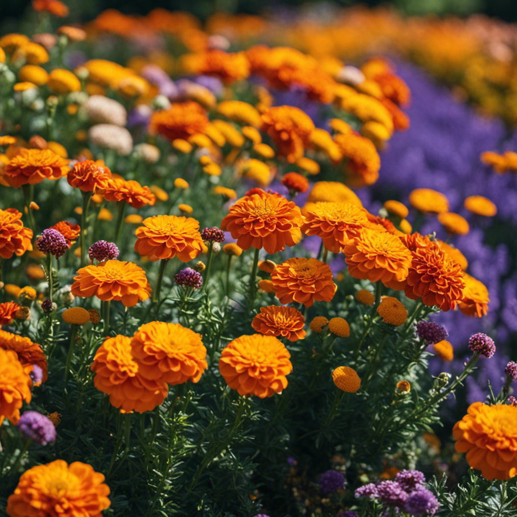 A vibrant image showcasing a flourishing garden bed brimming with an array of pest-resistant plants like marigolds, lavender, and chrysanthemums, exuding their natural beauty and warding off unwanted insects