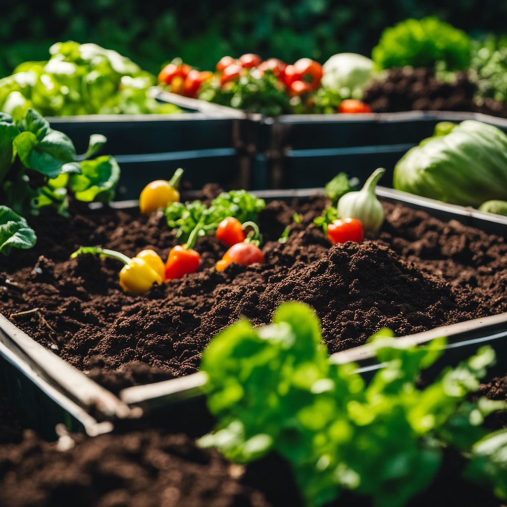 An image capturing the essence of Bokashi composting: a vibrant vegetable garden thriving atop a nutrient-rich soil bed, enriched by dark, earthy compost