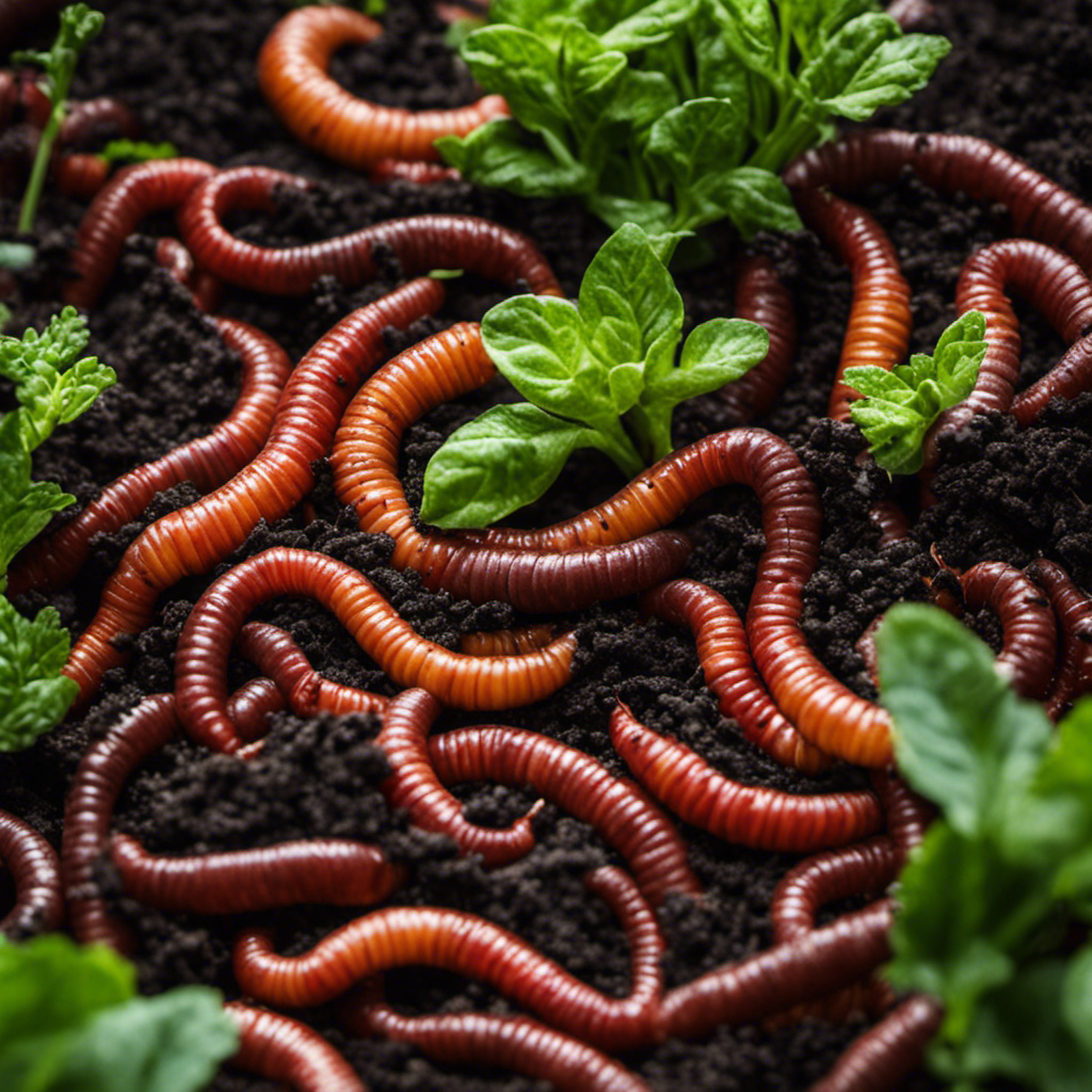 An image showcasing a thriving worm composting system, with rich, dark compost teeming with red wriggler worms, surrounded by lush, vibrant organic vegetable plants thriving from the nutrient-rich soil