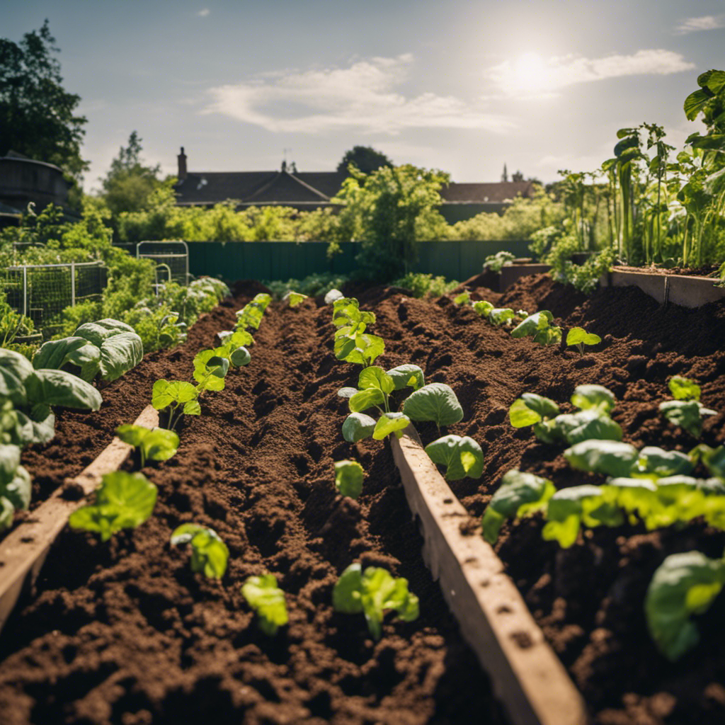 An image showcasing a thriving vegetable garden with a deep trench, filled with layers of organic waste, kitchen scraps, and plant materials