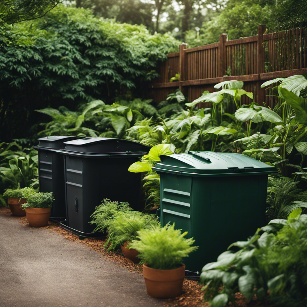 An image showcasing a diverse range of compost bins, such as a tumbler, worm bin, and traditional bin, surrounded by lush, thriving plants