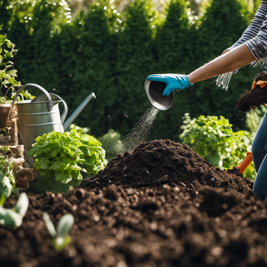 An image showcasing an individual in gardening gloves, watering a compost pile with a watering can, while another person turns the compost with a pitchfork, emphasizing the importance of adding water and turning the compost for a thriving all-natural garden