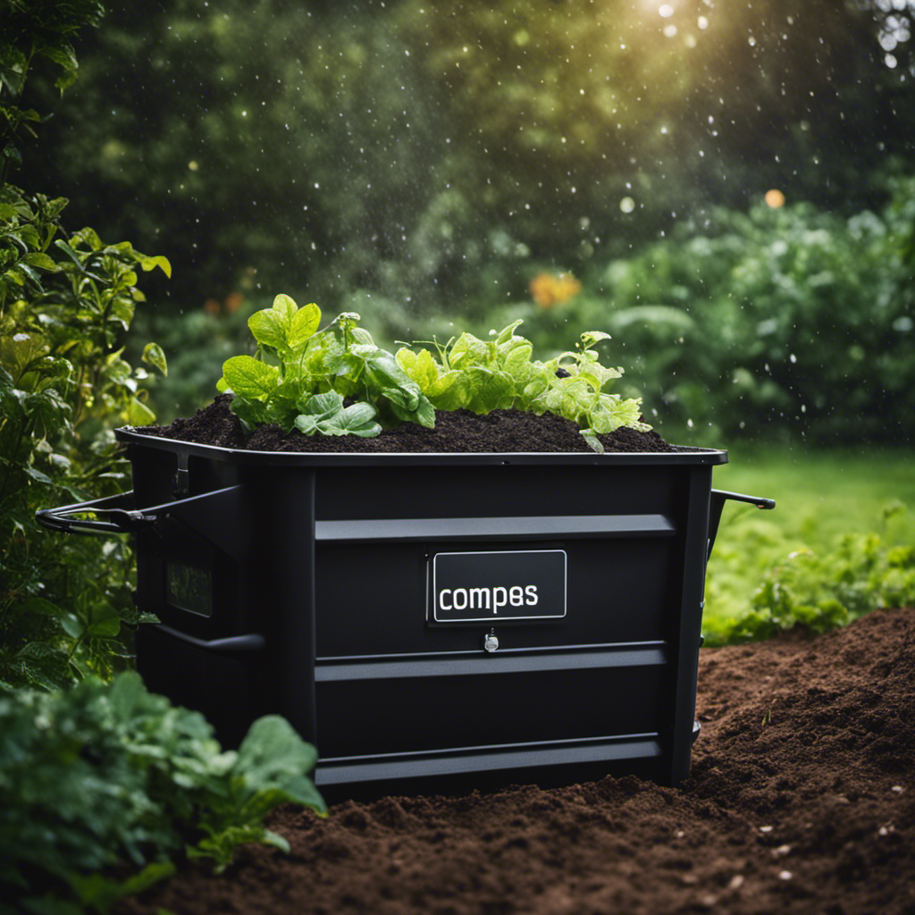 An image showcasing a composting bin nestled in a lush garden, with steam rising from it