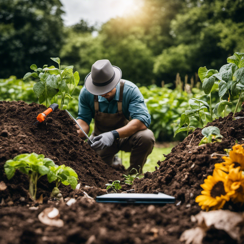 An image that showcases a gardener inspecting a compost pile, equipped with a magnifying glass, thermometer, and a notebook, diligently monitoring the moisture level, temperature, and decomposition process