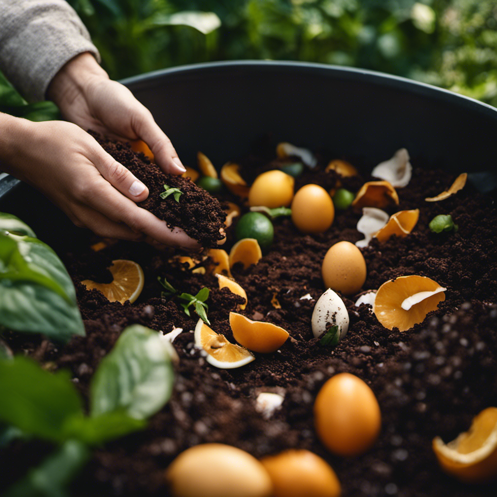 An image showcasing a person in a lush garden, enthusiastically gathering a diverse range of organic waste materials: fruit peels, eggshells, coffee grounds, and plant trimmings, adding them to a compost bin