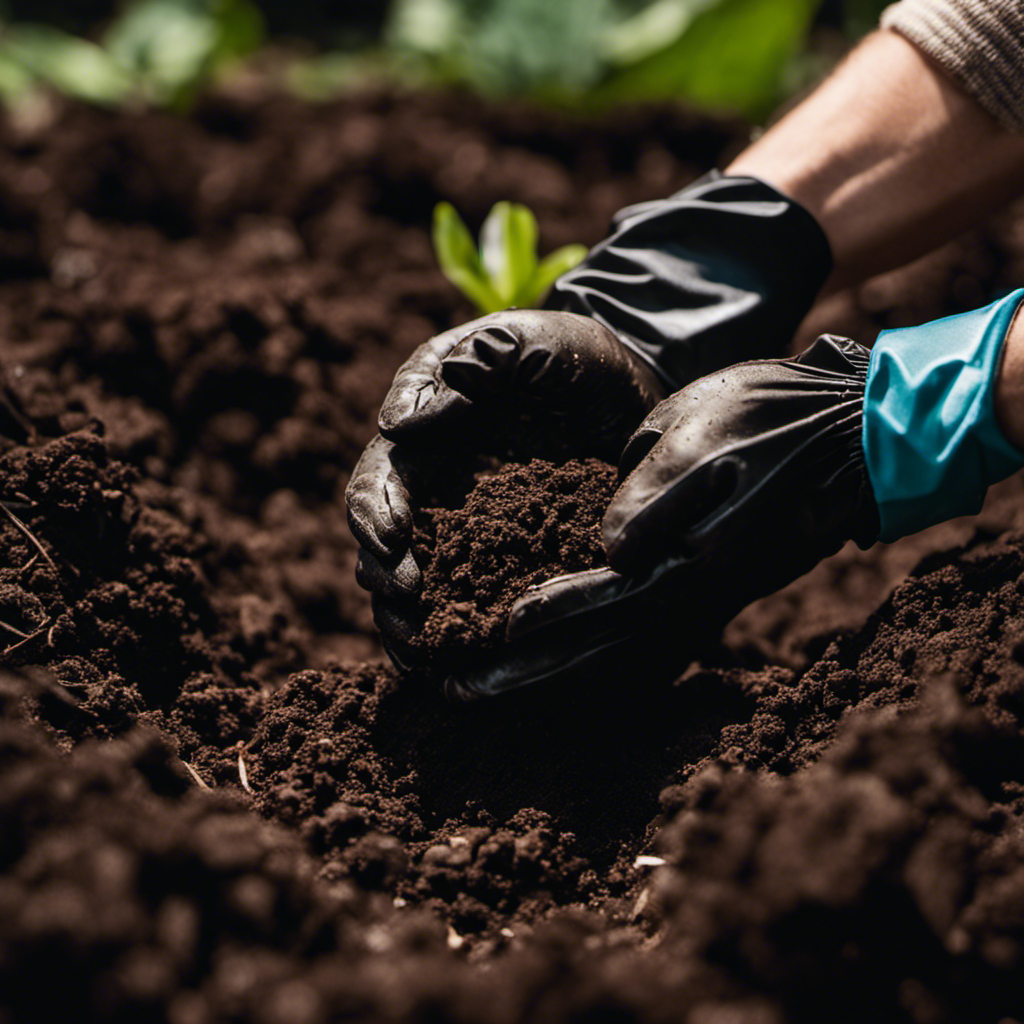 An image of a pair of gardening gloves, covered in rich, dark, crumbly compost, being gently held by a gloved hand