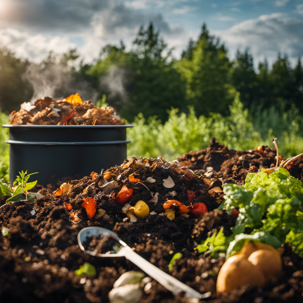 An image showcasing the process of hot composting: a large, steaming compost pile with layers of organic materials like kitchen scraps, grass clippings, and leaves, surrounded by a thermometer indicating high temperatures