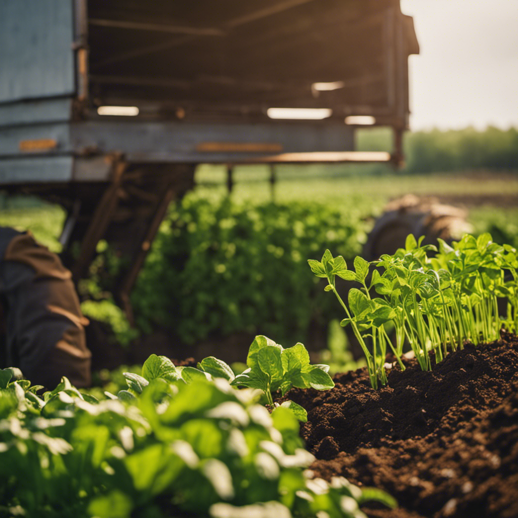 An image showcasing the process of composting with green manure, with a vibrant farm scene in the background