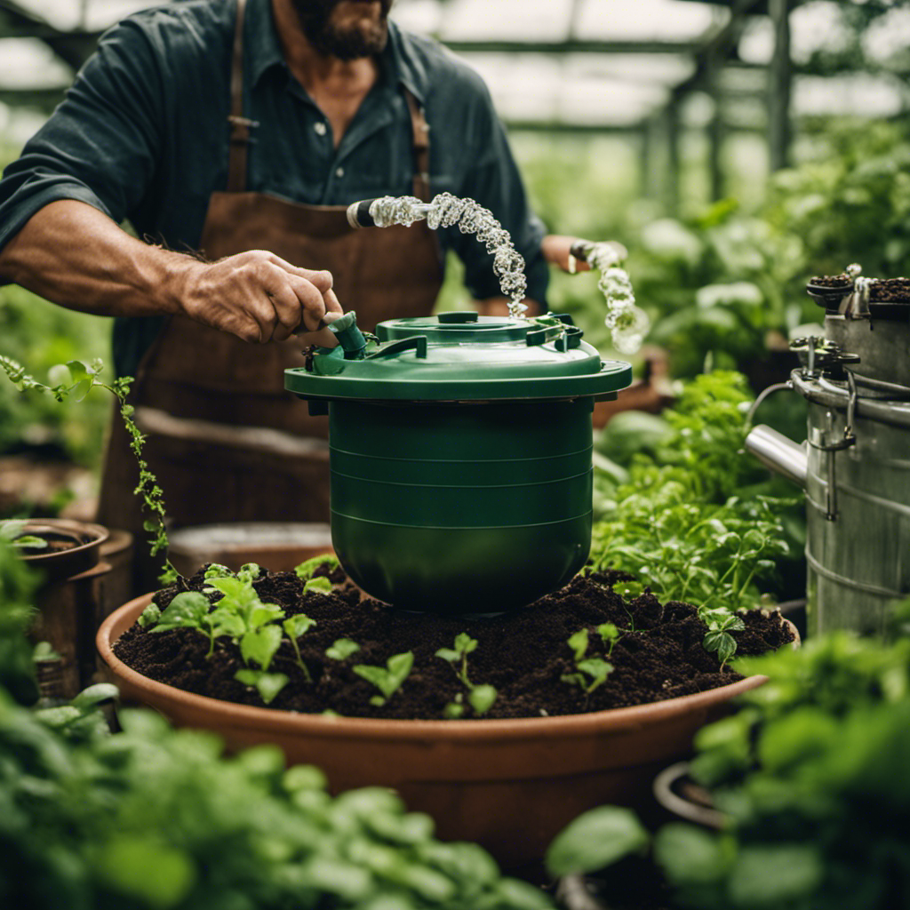 An image depicting an organic farmer using an aerator to infuse oxygen into a large compost tea brewing vessel, surrounded by lush green plants, showcasing the process of aerated compost tea production